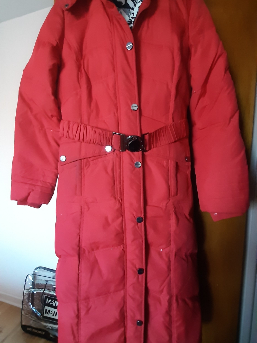 Classic Red Long Quilted Puffer Coat with Belt